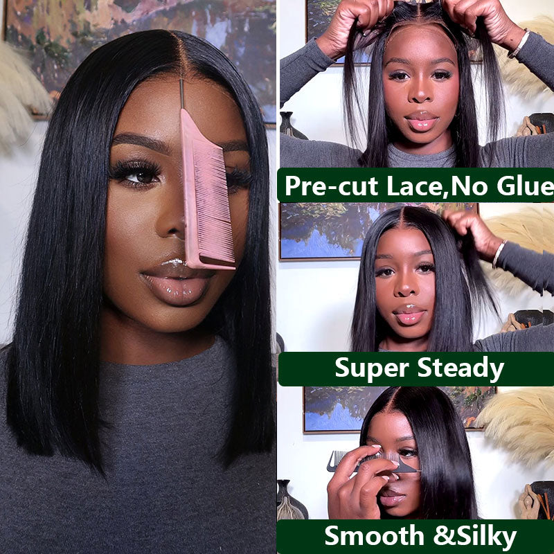 $100 OFF | Code: SAVE100 Klaiyi Put On and Go Glueless Bob Wig Silky Straight/Yaki Straight 7x5 Pre-Cut Lace Closure Wig Beginner Friendly