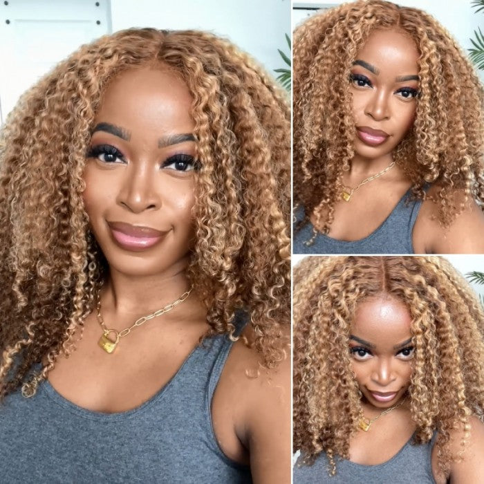 Klaiyi Pre-Cut Lace Put On and Go Glueless Wig Honey Blonde Piano Highlight Color Curly Breathable Air Wig