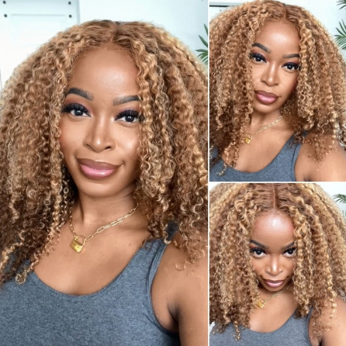 Klaiyi Pre-Cut Lace Wear Go Glueless Wig Honey Blonde Piano Highlight Color Curly Breathable Air Wig