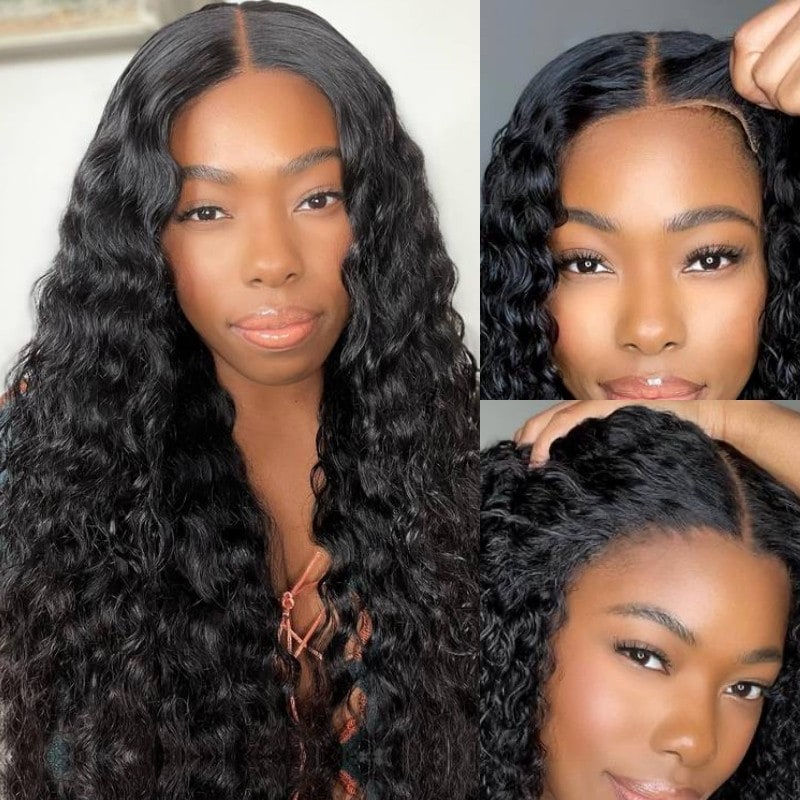 Flash Sale Klaiyi 7x5 Bye Bye Knots Pre-cut Lace Put On and Go Glueless Wig Water Wave Human Hair Wigs