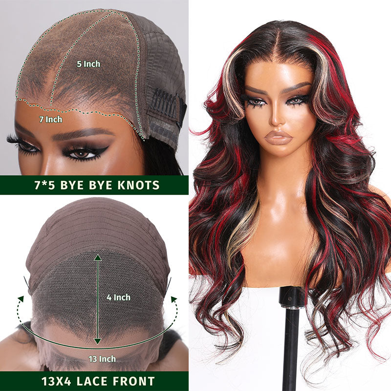 Klaiyi Multi Color Highlights 7x5 Bye Bye Knots Blonde And Red Body Wave Wigs Human Hair