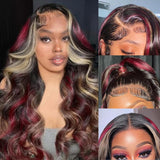 Klaiyi Multi Color Highlights 13x4 Lace Front Blonde And Red Body Wave Wigs Human Hair