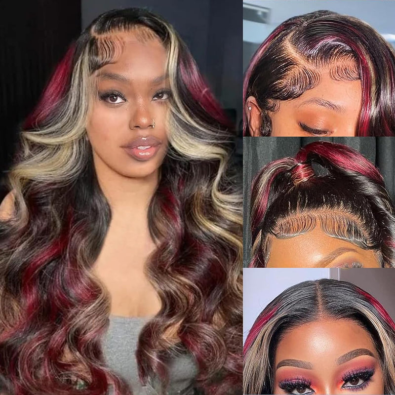 Klaiyi Multi Color Highlights 7x5 Bye Bye Knots/13x4 Lace Front Blonde And Red Body Wave Wigs Human Hair