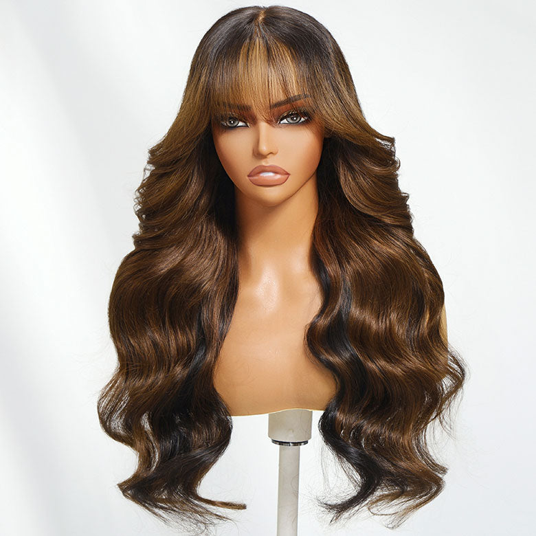 Klaiyi Dark Chocolate Brown 7x5 Bye Bye Knots Wig 180% Body Wave Lace Frontal Wig with Curtain Bangs & Layers