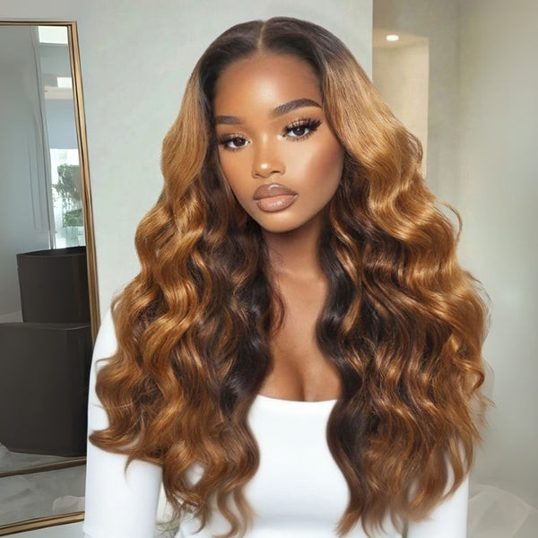 Klaiyi 13x4 Pre-Everything Lace Frontal Honey Caramel Ombre With Dark Brown Roots Loose Wave Glueless Human Hair Wig with Inivi-Drawstring