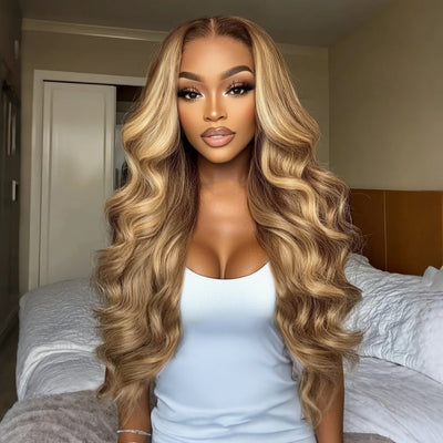 Klaiyi Ombre Highlight Blonde Body Wave 7x5 Bye Bye Knots Lace Wig Human Hair Put on and go Wigs