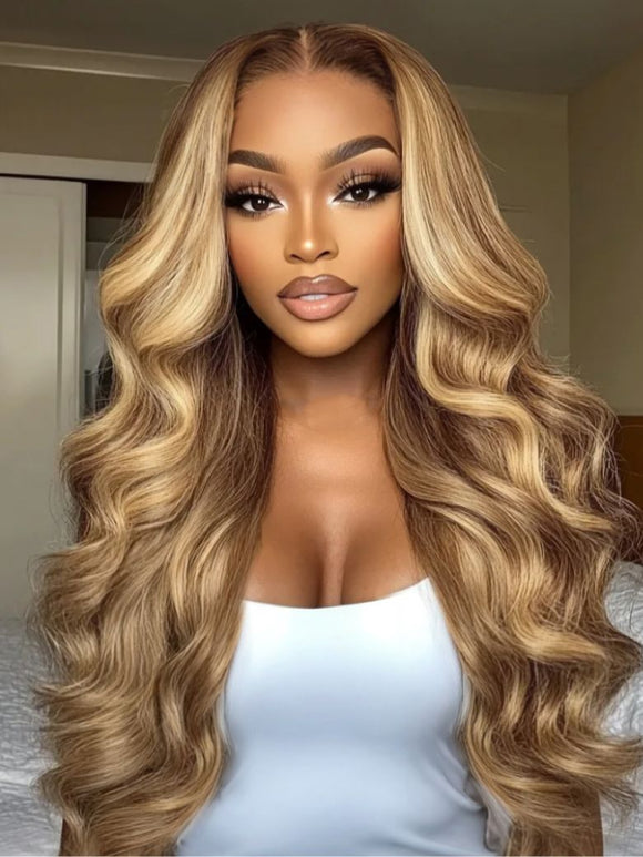 Klaiyi Ombre Highlight Blonde Body Wave 7x5 Bye Bye Knots Lace Wig Human Hair Put on and go Wigs