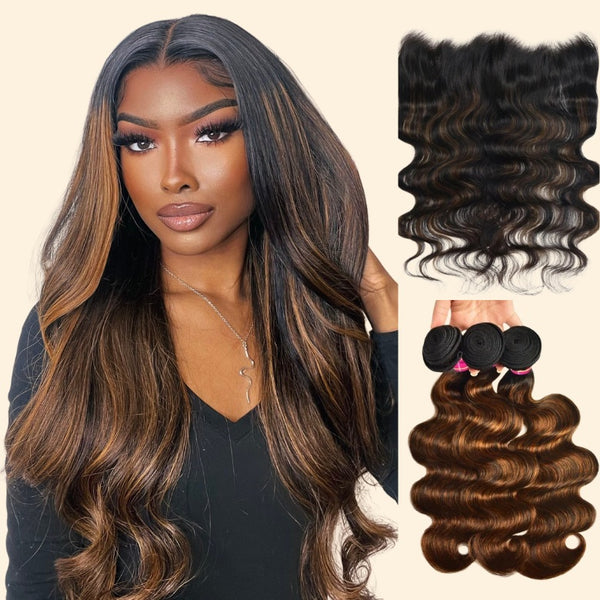 Flash Sale Klaiyi Brown Balayage #1b/30 Highlight Color Body Wave 3 Bundles With 13x4 HD Lace Frontal Human Virgin Hair Deal