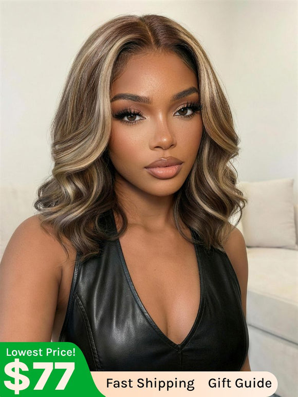 Klaiyi 13x4 Dark Brown with Honey Blonde Highlights Chic Shoulder-Length Wavy Lob Face-Framing Layered Blowout Bob