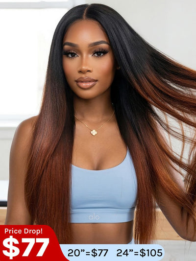 $77=20" Wig | Flash Sale Klaiyi Yaki Straight V Part Wigs Ombre Reddish Brown with Dark Roots Upgrade Invisi Drawstring
