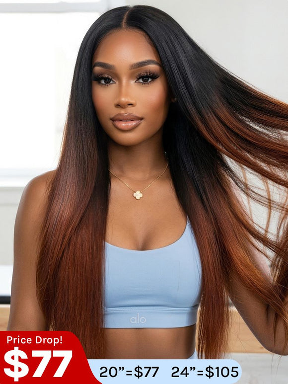$77=20" Wig | Flash Sale Klaiyi Yaki Straight V Part Wigs Ombre Reddish Brown with Dark Roots Upgrade Invisi Drawstring