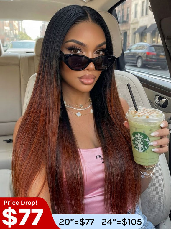 $77=20" Wig | Flash Sale Klaiyi Yaki Straight V Part Wigs Ombre Reddish Brown with Dark Roots Upgrade Invisi Drawstring