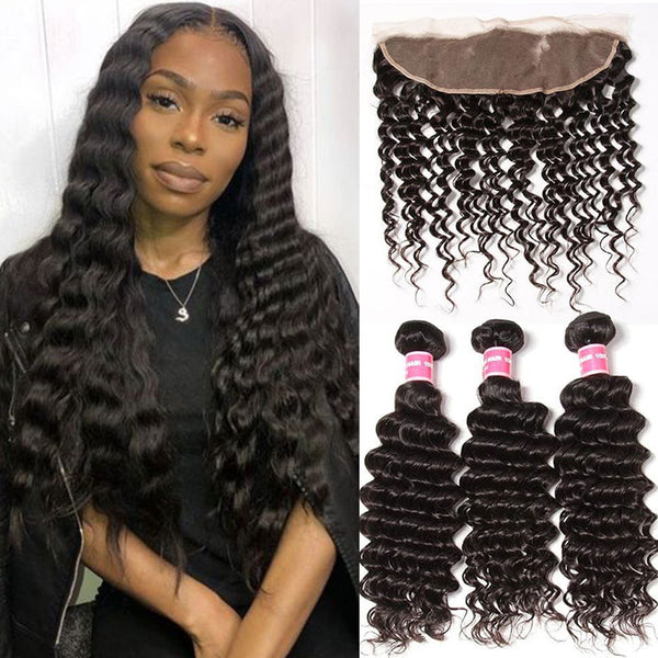 Indian Deep Wave 3 Bundles with 13*4 Ear to Ear Lace Frontal Closure Deals-Klaiyi Hair