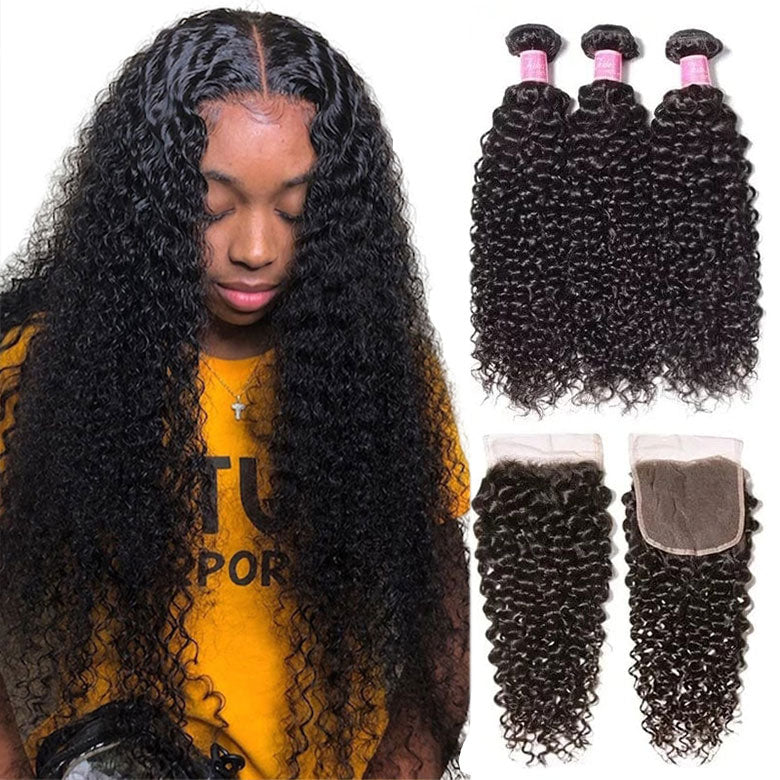 Brazilian Virgin Curly Hair 3 Bundles With 4*4 Lace Closure, Unprocessed Human Hair Extension-Klaiyi Hair