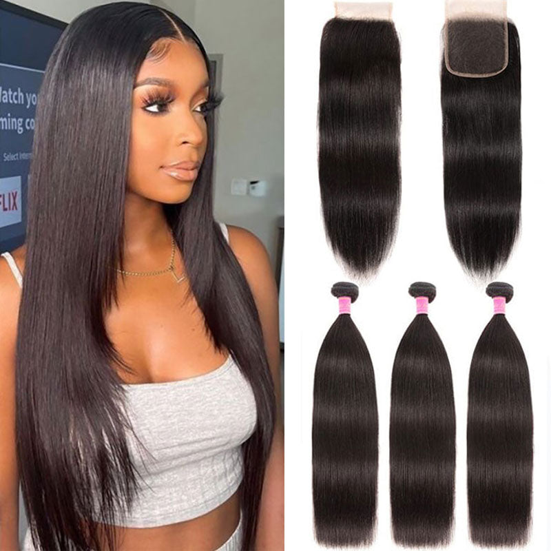 Klaiyi Bone Straight Virgin Hair 3 Bundles with 4x4 Transparent Lace Closure Pre Plucked