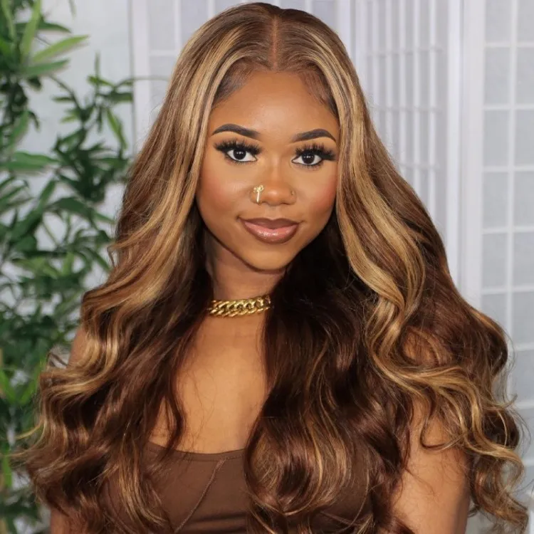 Klaiyi Ombre Honey Blonde Highlight 4x4 Lace Closure Wig 13x4 Lace Front Body Wave Wig Flash Sale