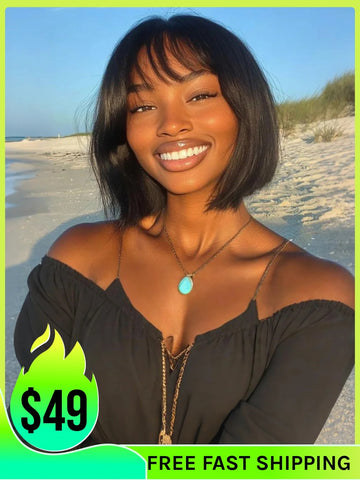 Buy 1 Get 1 Free,Code:BOGO | Klaiyi Straight Bob Wig With Blunt Cut Bangs Glueless Human Hair Wig