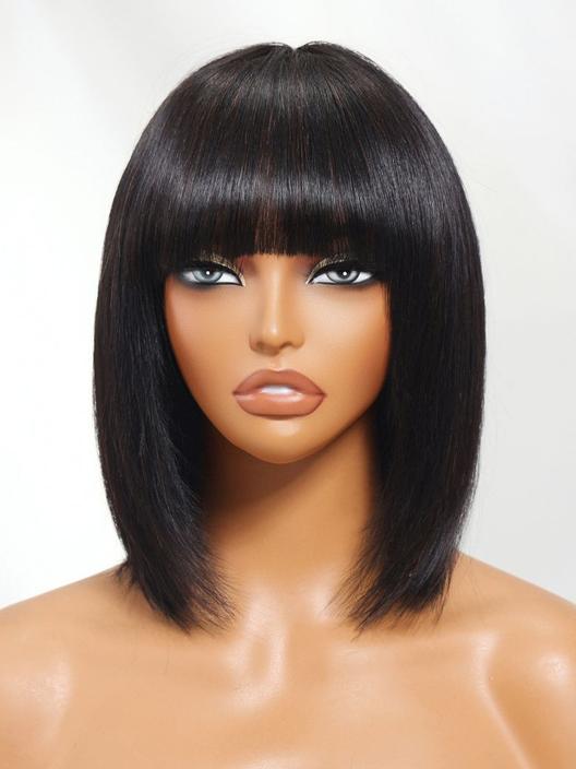 Extra 50% Off Code HALF50 | Klaiyi Straight Bob Wig With Blunt Cut Bangs Glueless Human Hair Wig Flash Sale