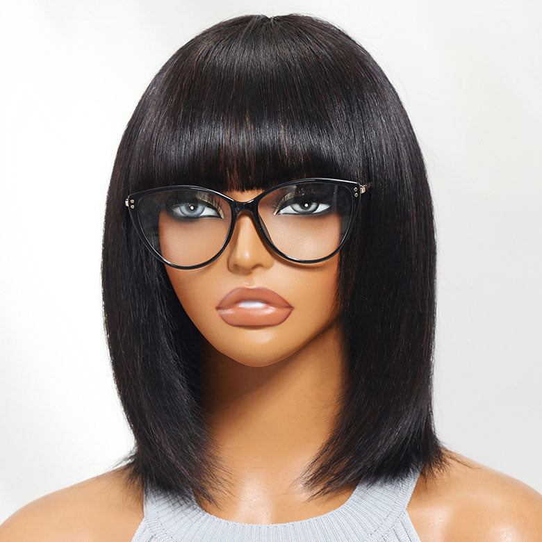 Klaiyi Straight Bob Wig With Blunt Cut Bangs Glueless Human Hair Wig Flash Sale