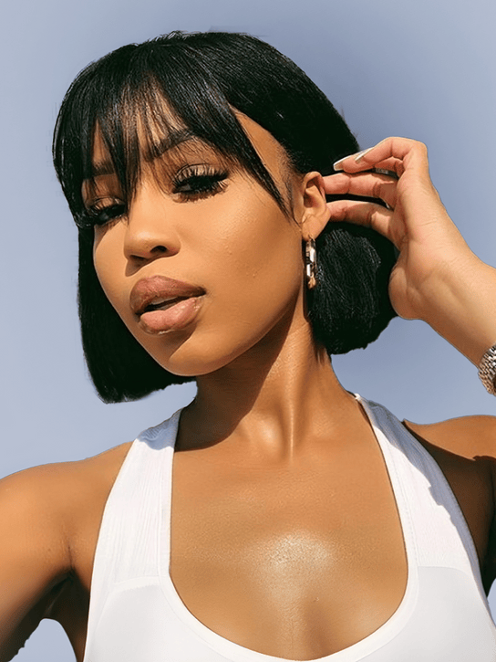 Extra 50% Off Code HALF50 | Klaiyi Straight Bob Wig With Blunt Cut Bangs Glueless Human Hair Wig Flash Sale