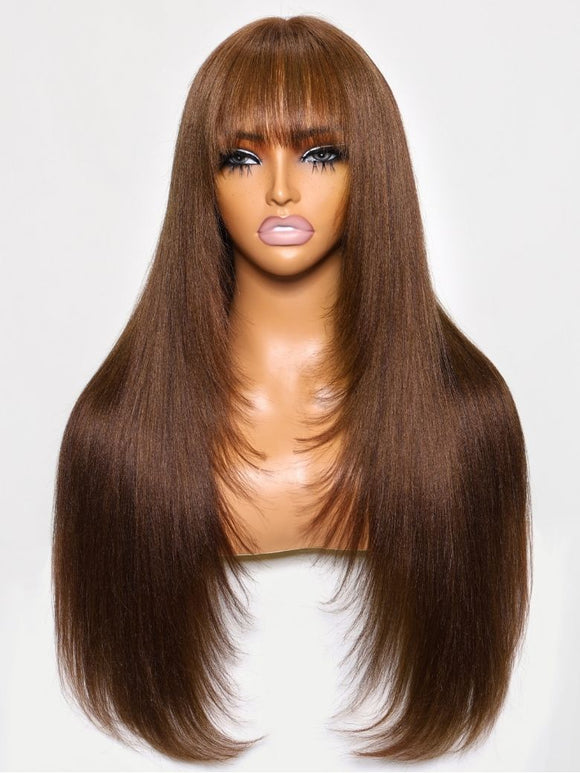 Klaiyi 4x2 Lace Closure #4 Chocolate Brown Yaki Straight Wig with Bangs Lace Part Glueless Wig Human Hair Flash Sale