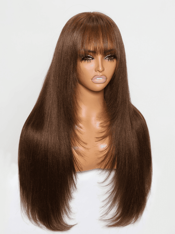 Klaiyi 4x2 Lace Closure #4 Chocolate Brown Yaki Straight Wig with Bangs Lace Part Glueless Wig Human Hair Flash Sale