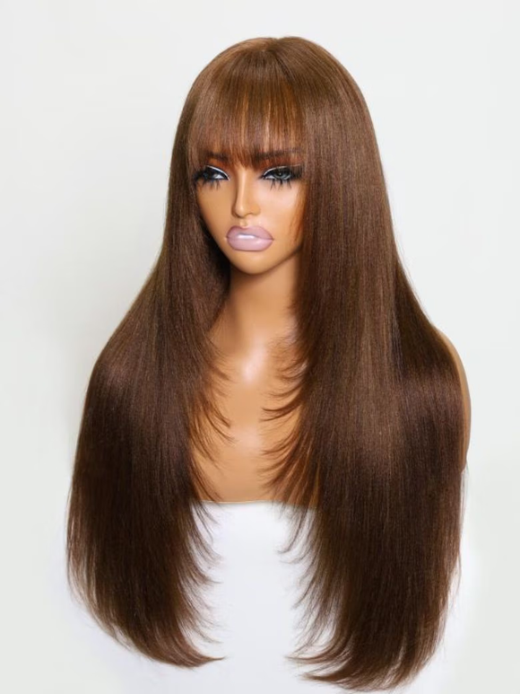 Klaiyi 4x2 Lace Closure #4 Chocolate Brown Yaki Straight Wig with Bangs Lace Part Glueless Wig Human Hair Flash Sale