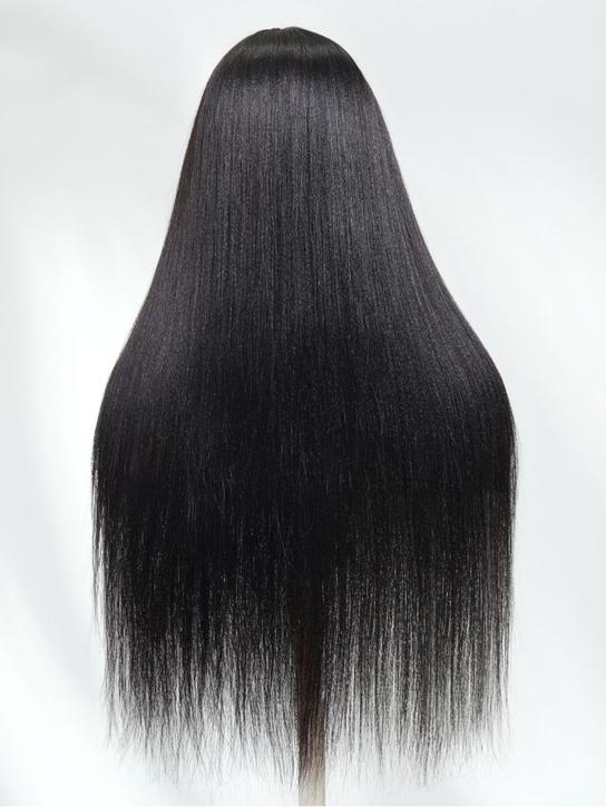 Klaiyi Yaki Straight Human Hair Glueless Wig with Blunt Cut Bangs Natural Black Color