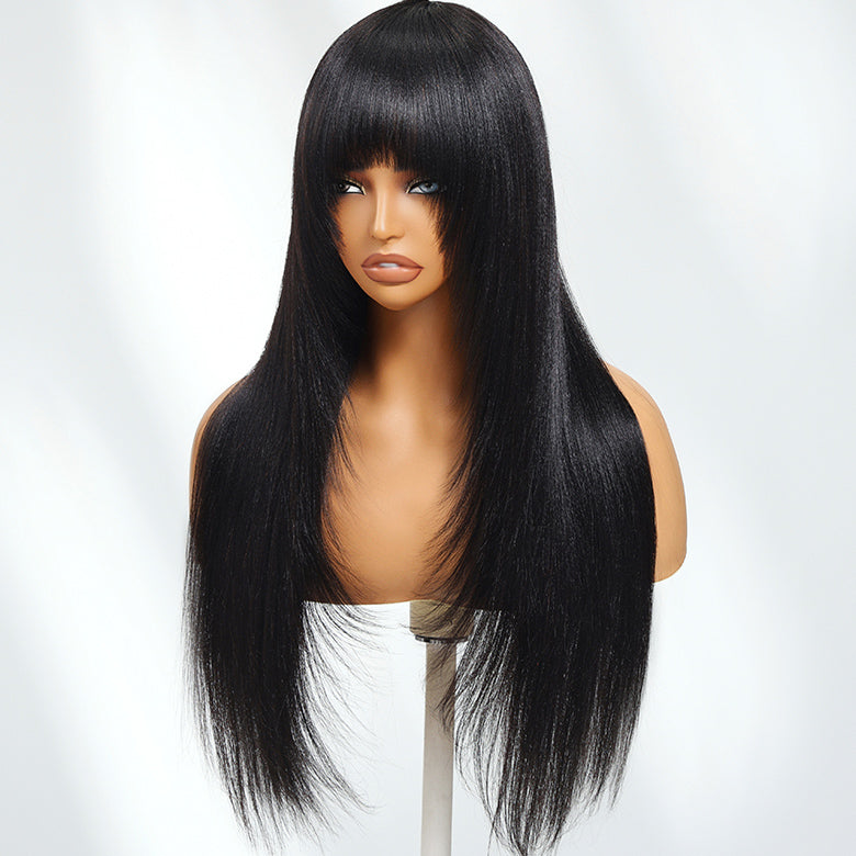 Extra 60% OFF | Klaiyi Straight Bob Wig And Yaki Straight Human Hair Glueless Wig With Blunt Cut Bangs Natural Black Color
