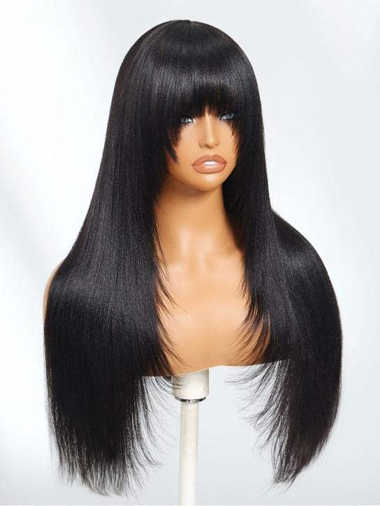 Klaiyi Yaki Straight Human Hair Glueless Wig with Blunt Cut Bangs Natural Black Color