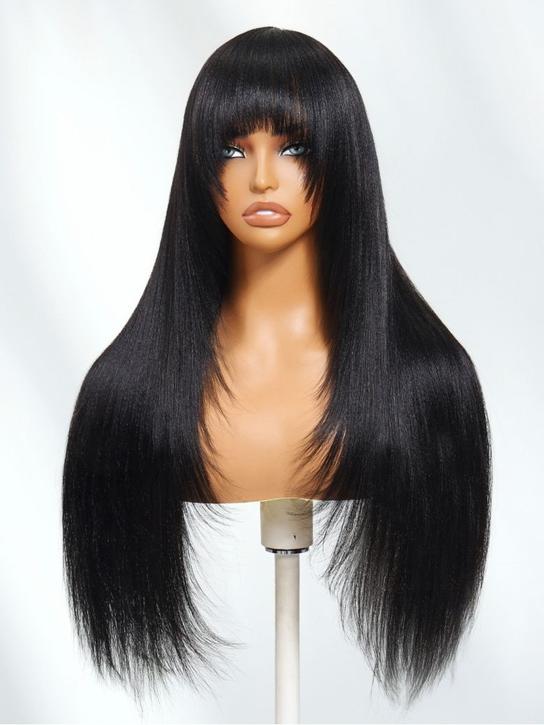 Klaiyi Yaki Straight Human Hair Glueless Wig with Blunt Cut Bangs Natural Black Color