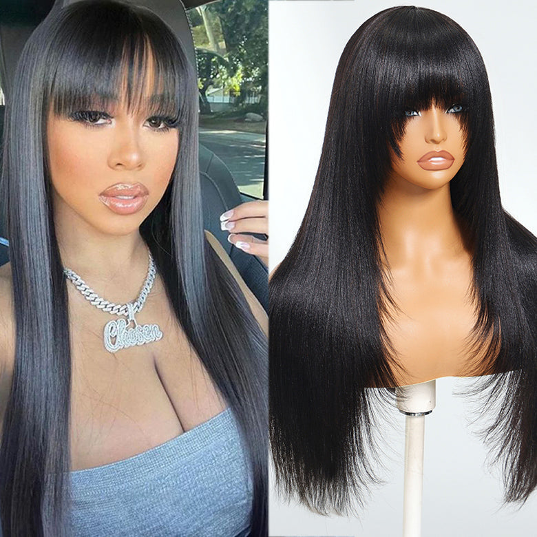 Extra 60% OFF | Klaiyi Straight Bob Wig And Yaki Straight Human Hair Glueless Wig With Blunt Cut Bangs Natural Black Color