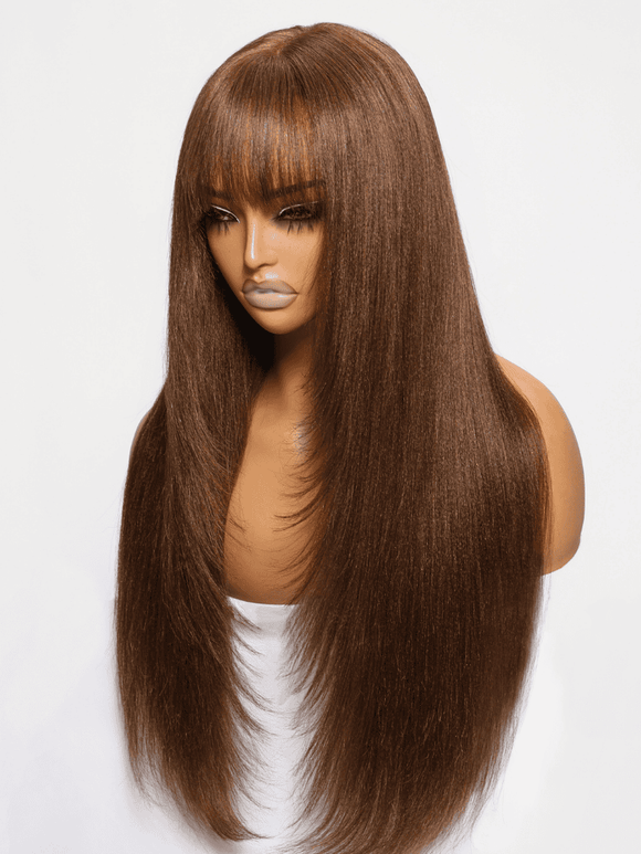 Klaiyi 4x2 Lace Closure #4 Chocolate Brown Yaki Straight Wig with Bangs Lace Part Glueless Wig Human Hair Flash Sale