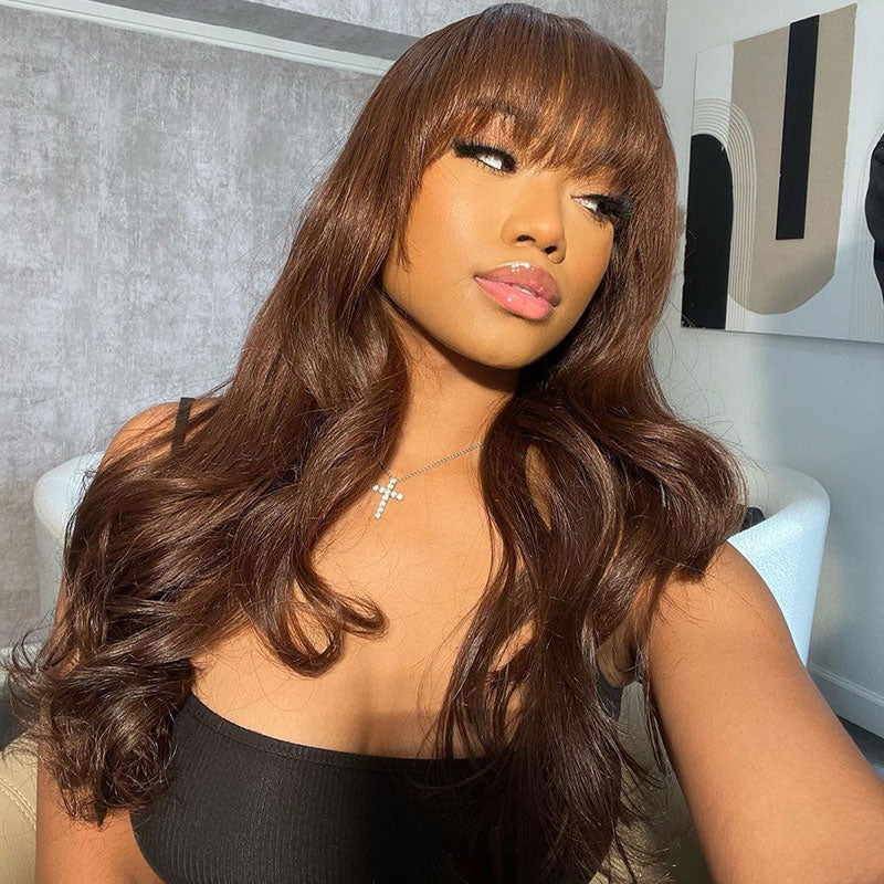 Klaiyi Mocha Brown Bone Straight Wig With Bang Machine Made Human Hair Flash Sale