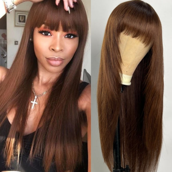 Klaiyi Mocha Brown Bone Straight Wig With Bang Machine Made Human Hair Flash Sale