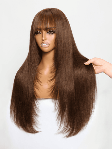 Klaiyi 4x2 Lace Closure #4 Chocolate Brown Yaki Straight Wig with Bangs Lace Part Glueless Wig Human Hair Flash Sale