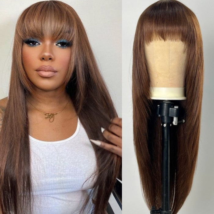 Klaiyi Mocha Brown Bone Straight Wig With Bang Machine Made Human Hair Flash Sale