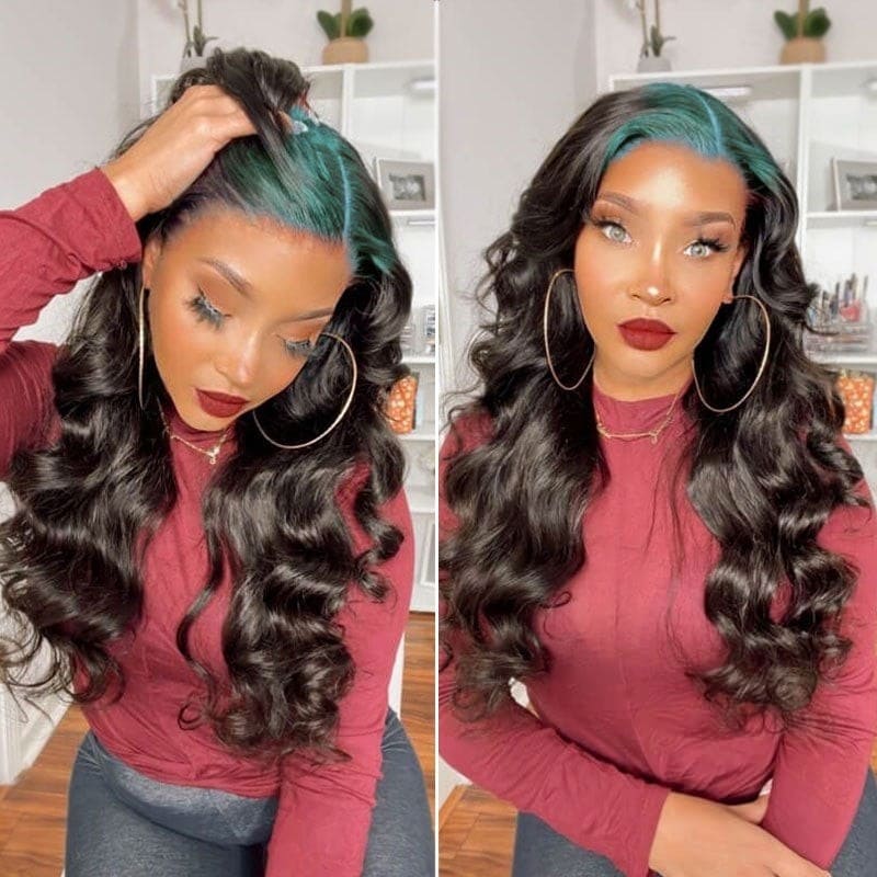 Flash Sale 180% Green Colored Roots 13*4 Lace Front Wig Loose Wave Long Inch