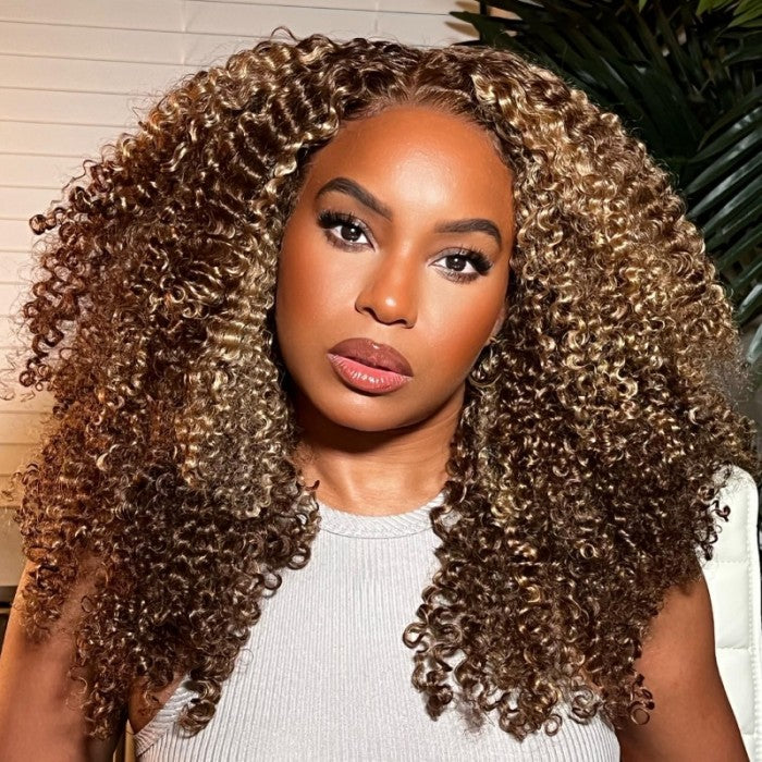 Buy 1 Get 1 Free,Code:BOGO | Klaiyi Honey Blonde Highlight Lace Front Wig Kinky Curly Human Hair Natural Density
