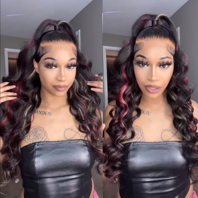 Klaiyi Multi Color Highlights 7x5 Bye Bye Knots Blonde And Red Body Wave Wigs Human Hair