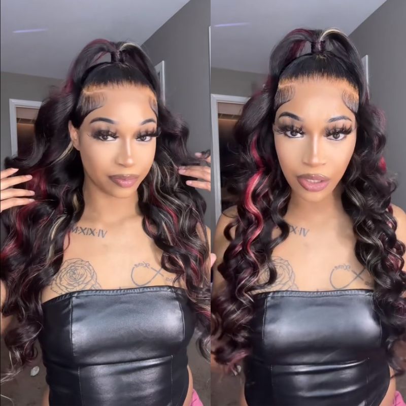 Klaiyi Multi Color Highlights 7x5 Bye Bye Knots/13x4 Lace Front Blonde And Red Body Wave Wigs Human Hair