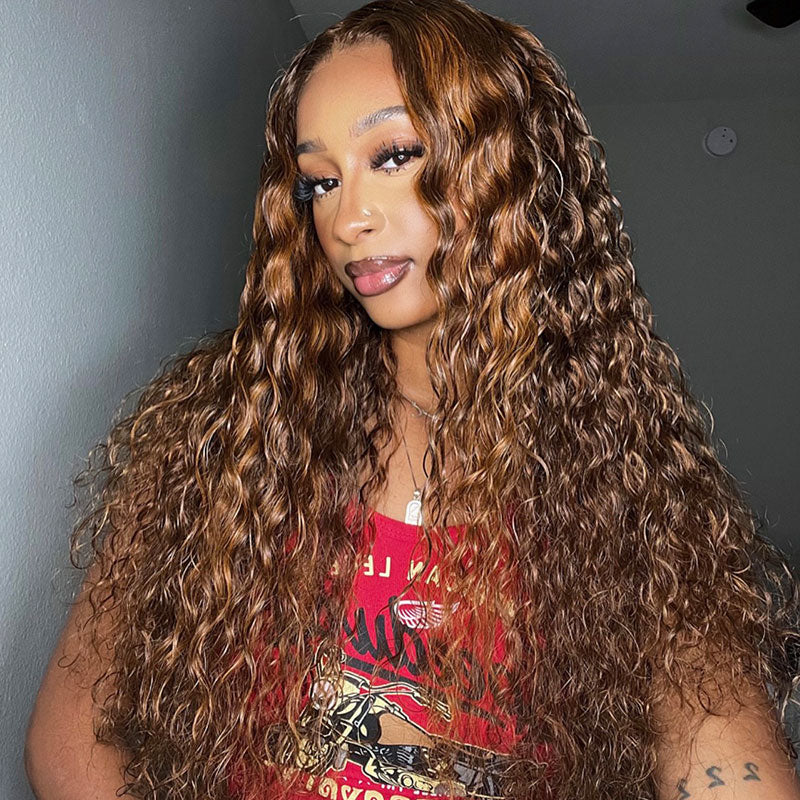 Klaiyi Piano Brown Highlight Water Wave 13x4 Pre everything Ear to Ear Frontal Lace Wig Put on and Go Glueless Wig Human Hair