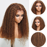 Buy 1 Get 1 Free,Code:BOGO | Klaiyi 13x4 Lace Frontal Ombre Highlight Piano Brown Kinky Curly Wigs