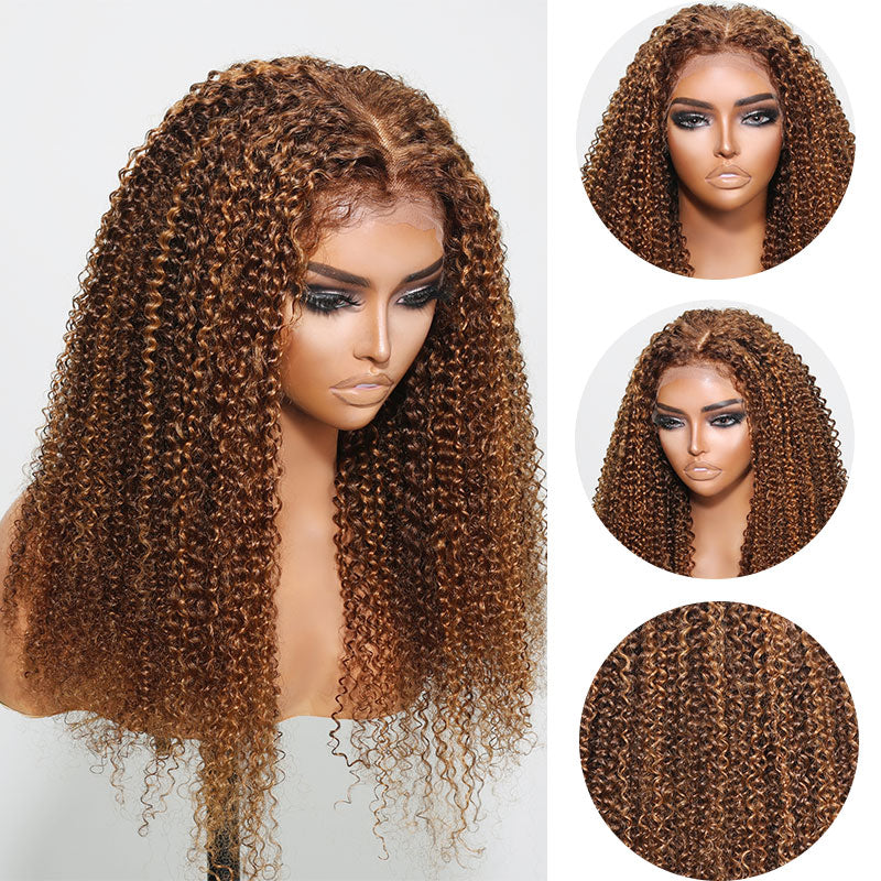 Extra 60% OFF |Klaiyi Ombre Highlight Piano Brown Kinky Curly/Jerry Curly 13x4 Lace Frontal Wigs
