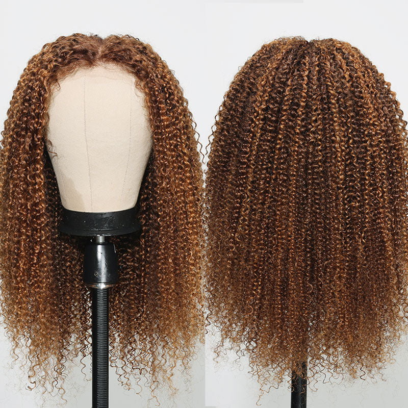 Klaiyi Highligh Kinky Curly 13x4 Lace Front Wigs 180% Density Piano Brown Balayage Human Hair Flash Sale