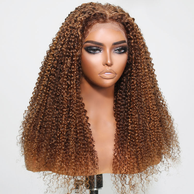 Extra 60% OFF |Klaiyi Ombre Highlight Piano Brown Kinky Curly/Jerry Curly 13x4 Lace Frontal Wigs