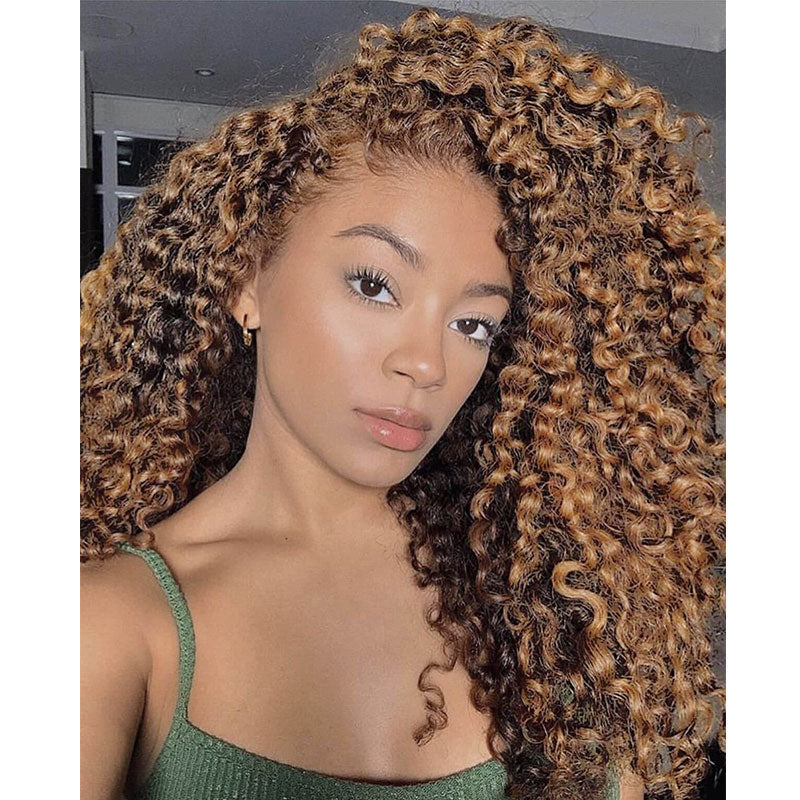 Buy 1 Get 1 Free,Code:BOGO | Klaiyi 13x4 Lace Frontal Ombre Highlight Piano Brown Kinky Curly Wigs