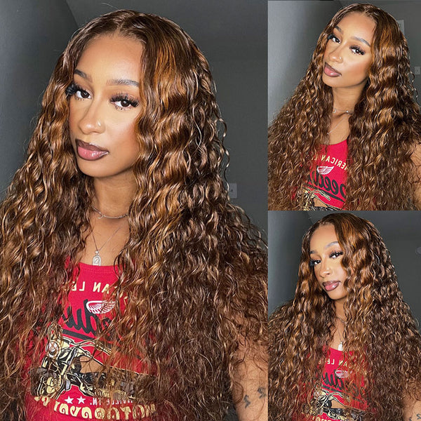 Klaiyi Ombre Highlight Piano Color Lace Front Wig Brown Golden Human Hair Water Wave