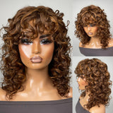 Klaiyi Hair Brown Highlight Wolf Cut Bob Wigs With Bangs Air Wig Breathable Wig Flash Sale