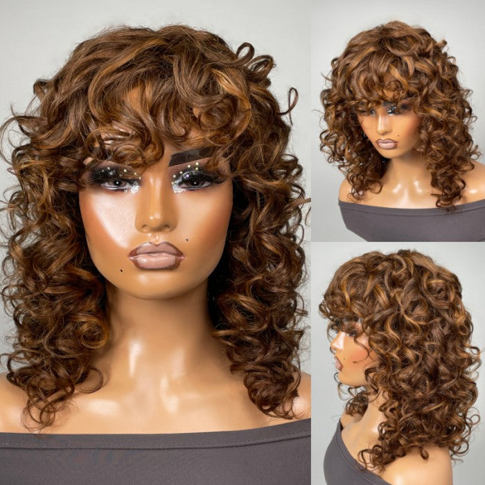 Klaiyi Hair Brown Highlight Wolf Cut Bob Wigs With Bangs Air Wig Breathable Wig Flash Sale